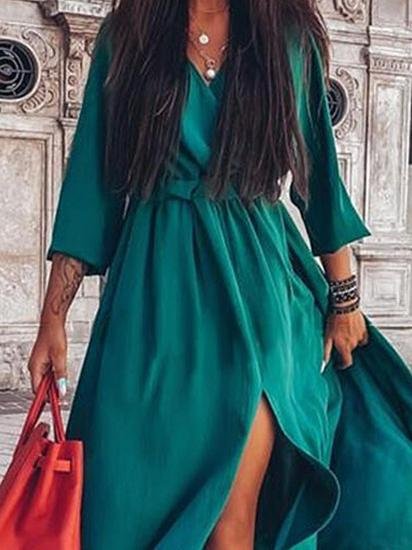 Long Sleeve V-Neck Irregular Slit Dress - Maxi Dresses - INS | Online Fashion Free Shipping Clothing, Dresses, Tops, Shoes - 01/07/2021 - 20-30 - Category_Maxi Dresses