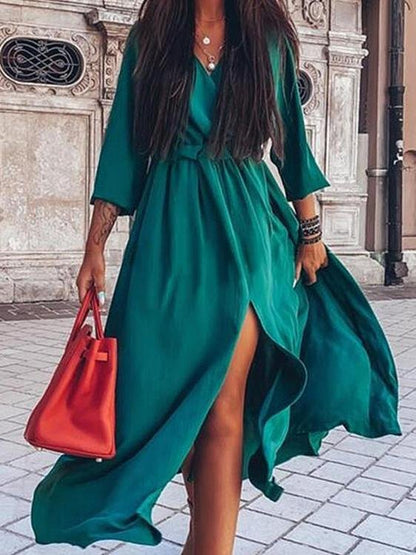 Long Sleeve V-Neck Irregular Slit Dress - Maxi Dresses - INS | Online Fashion Free Shipping Clothing, Dresses, Tops, Shoes - 01/07/2021 - 20-30 - Category_Maxi Dresses