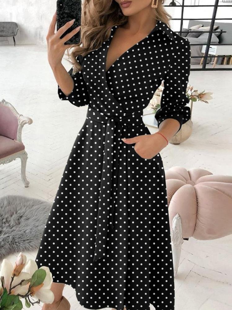 Long Sleeve V-neck Polka Dot Print Dress - Midi Dresses - INS | Online Fashion Free Shipping Clothing, Dresses, Tops, Shoes - 20-30 - 27/07/2021 - color-black