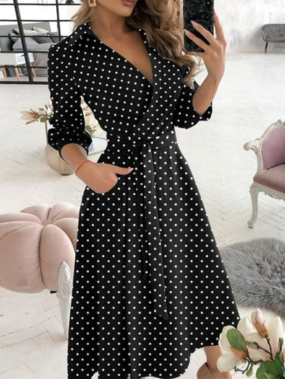 Long Sleeve V-neck Polka Dot Print Dress - Midi Dresses - INS | Online Fashion Free Shipping Clothing, Dresses, Tops, Shoes - 20-30 - 27/07/2021 - color-black