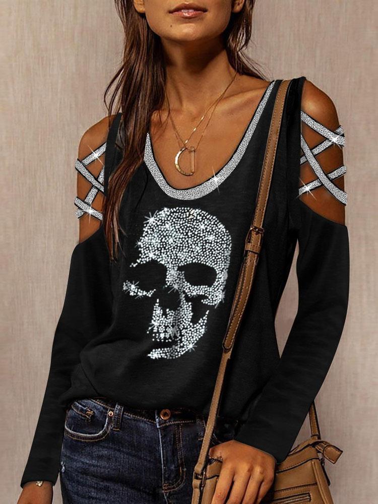 Long Sleeve V-Neck Skull Print Hollow T-Shirt - MsDressly
