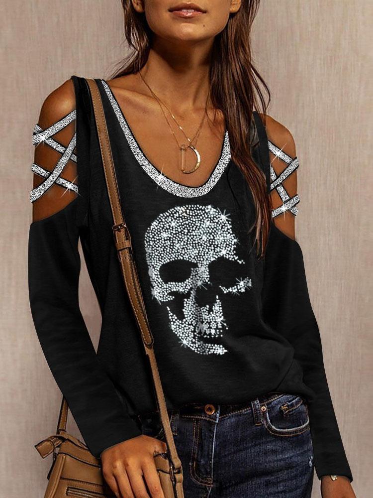 Long Sleeve V-Neck Skull Print Hollow T-Shirt - MsDressly