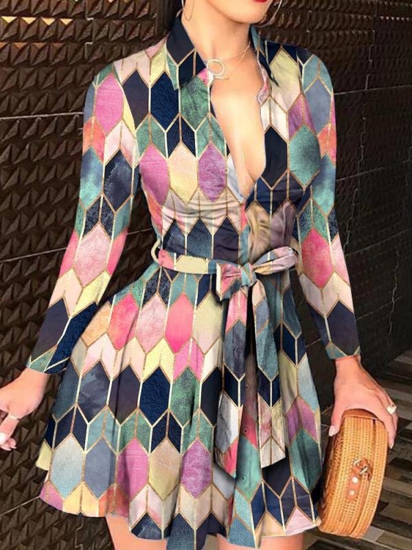 Long Sleeve V-neck Tie Fashion Printed Dress - Mini Dresses - INS | Online Fashion Free Shipping Clothing, Dresses, Tops, Shoes - 20-30 - 25/06/2021 - color-black