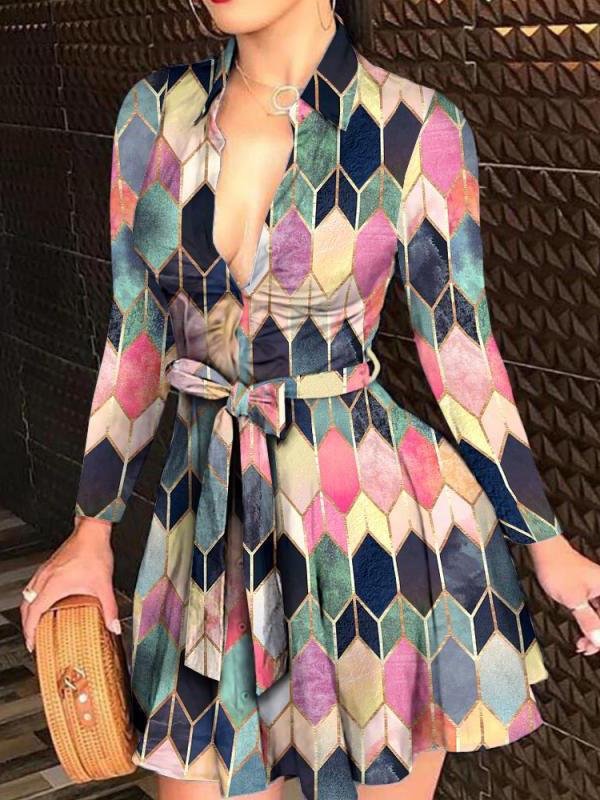 Long Sleeve V-neck Tie Fashion Printed Dress - Mini Dresses - INS | Online Fashion Free Shipping Clothing, Dresses, Tops, Shoes - 20-30 - 25/06/2021 - color-black