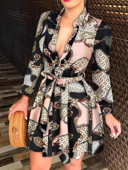 Long Sleeve V-neck Tie Fashion Printed Dress - Mini Dresses - INS | Online Fashion Free Shipping Clothing, Dresses, Tops, Shoes - 20-30 - 25/06/2021 - color-black