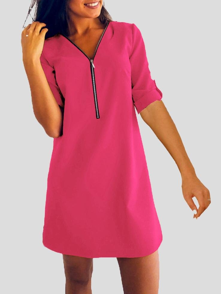Long Sleeve V-neck Zip Loose Dress - Mini Dresses - INS | Online Fashion Free Shipping Clothing, Dresses, Tops, Shoes - 07/07/2021 - 10-20 - color-black