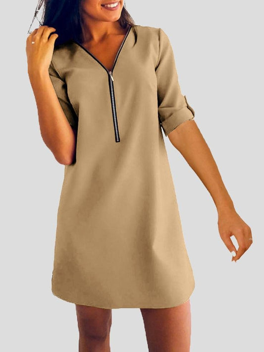 Long Sleeve V-neck Zip Loose Dress - Mini Dresses - INS | Online Fashion Free Shipping Clothing, Dresses, Tops, Shoes - 07/07/2021 - 10-20 - color-black