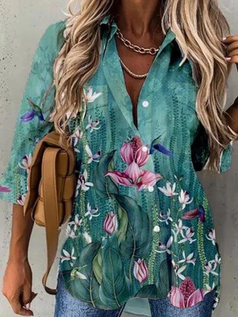 Long-sleeved Lapel Floral Print Shirt - Blouses - INS | Online Fashion Free Shipping Clothing, Dresses, Tops, Shoes - 20-30 - 21/07/2021 - BLO2107211236