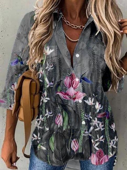 Long-sleeved Lapel Floral Print Shirt - Blouses - INS | Online Fashion Free Shipping Clothing, Dresses, Tops, Shoes - 20-30 - 21/07/2021 - BLO2107211236