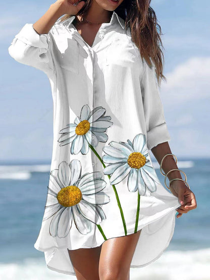 Long-sleeved Lotus Leaf Print Irregular Shirt Dress - Mini Dresses - INS | Online Fashion Free Shipping Clothing, Dresses, Tops, Shoes - 16/06/2021 - 30-40 - color-white