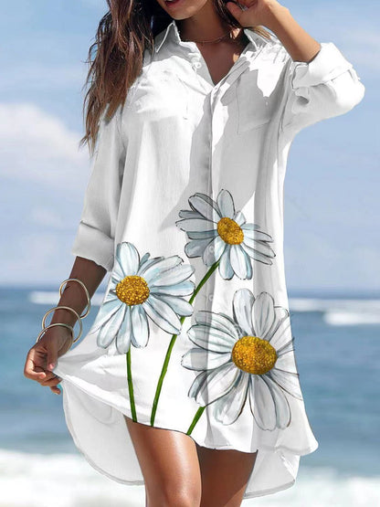 Long-sleeved Lotus Leaf Print Irregular Shirt Dress - Mini Dresses - INS | Online Fashion Free Shipping Clothing, Dresses, Tops, Shoes - 16/06/2021 - 30-40 - color-white