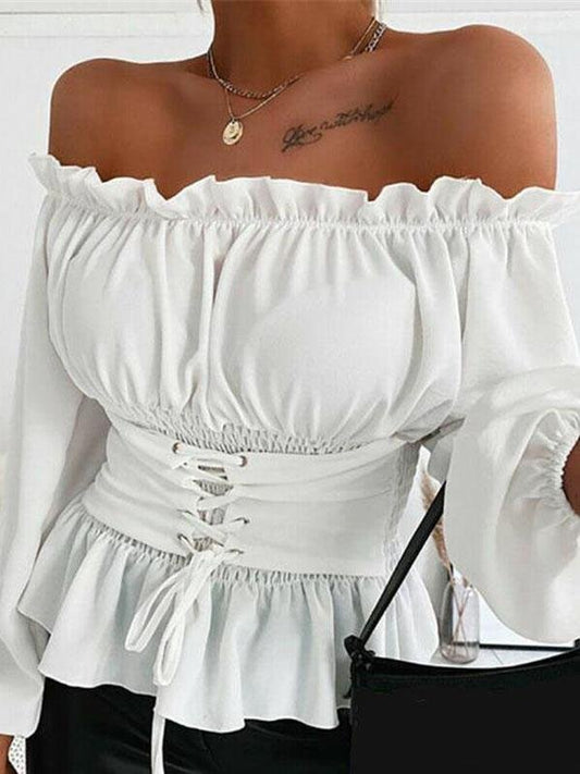 Long-sleeved Off-shoulder Ruffled Shirt - Blouses - INS | Online Fashion Free Shipping Clothing, Dresses, Tops, Shoes - 17/07/2021 - 20-30 - BLO2107171203