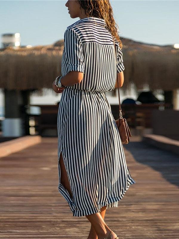 Long-sleeved Striped Lace-up Chiffon Shirt Dress - Midi Dresses - INS | Online Fashion Free Shipping Clothing, Dresses, Tops, Shoes - 20-30 - 26/07/2021 - color-black