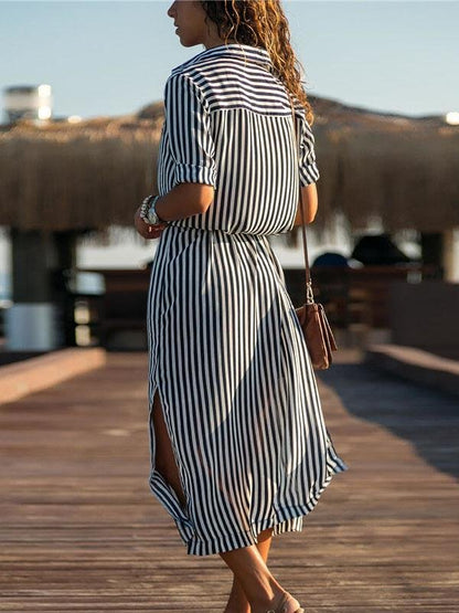 Long-sleeved Striped Lace-up Chiffon Shirt Dress - Midi Dresses - INS | Online Fashion Free Shipping Clothing, Dresses, Tops, Shoes - 20-30 - 26/07/2021 - color-black