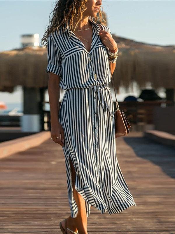 Long-sleeved Striped Lace-up Chiffon Shirt Dress - Midi Dresses - INS | Online Fashion Free Shipping Clothing, Dresses, Tops, Shoes - 20-30 - 26/07/2021 - color-black