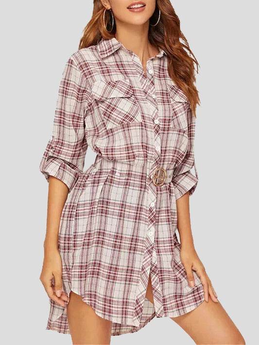 Long-sleeved Tie Check Shirt Dress - Mini Dresses - INS | Online Fashion Free Shipping Clothing, Dresses, Tops, Shoes - 05/07/2021 - 30-40 - color-pink