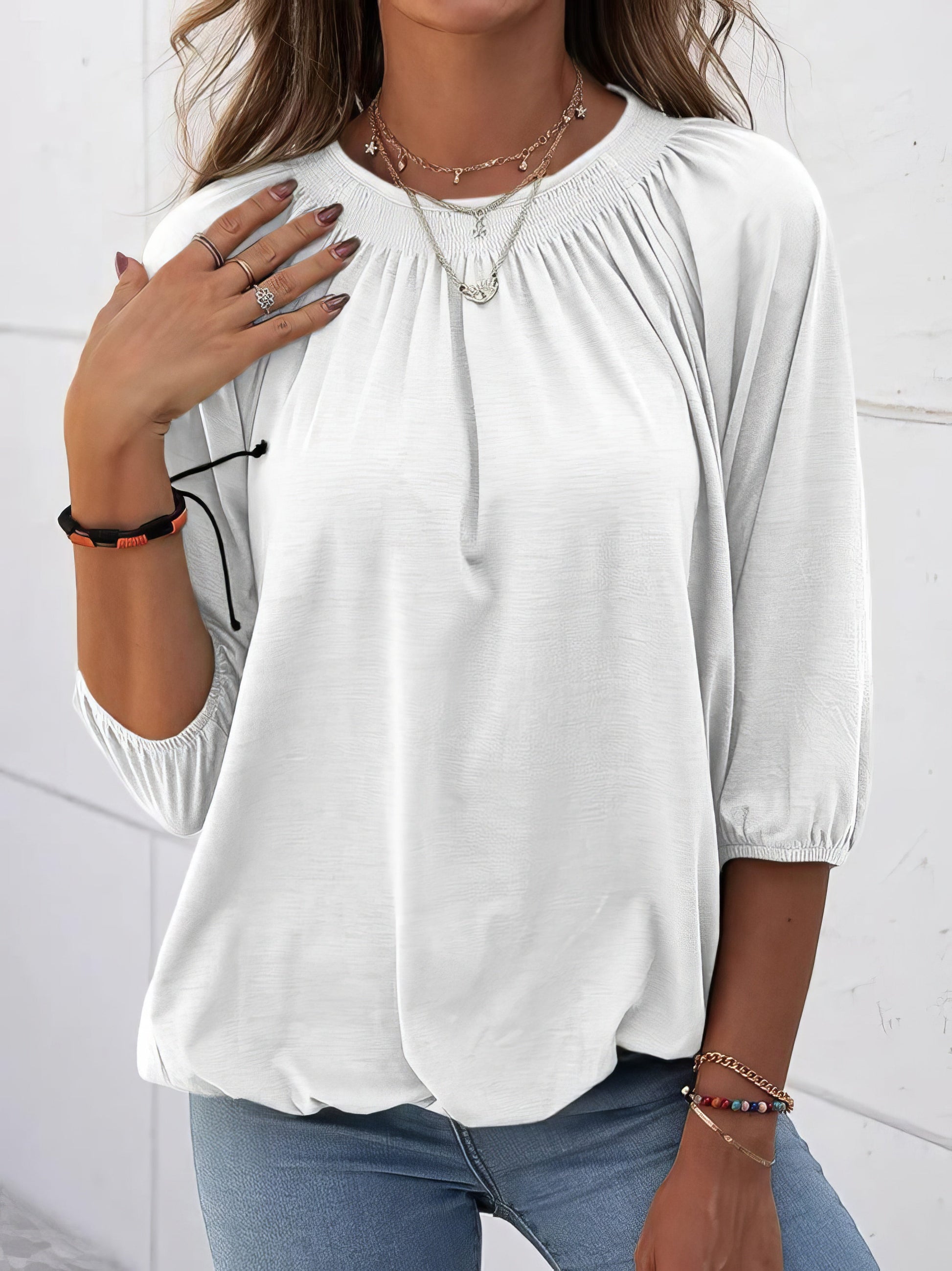 T-Shirts - Loose 3/4 Sleeve Pleated Crew Neck T-Shirt - MsDressly