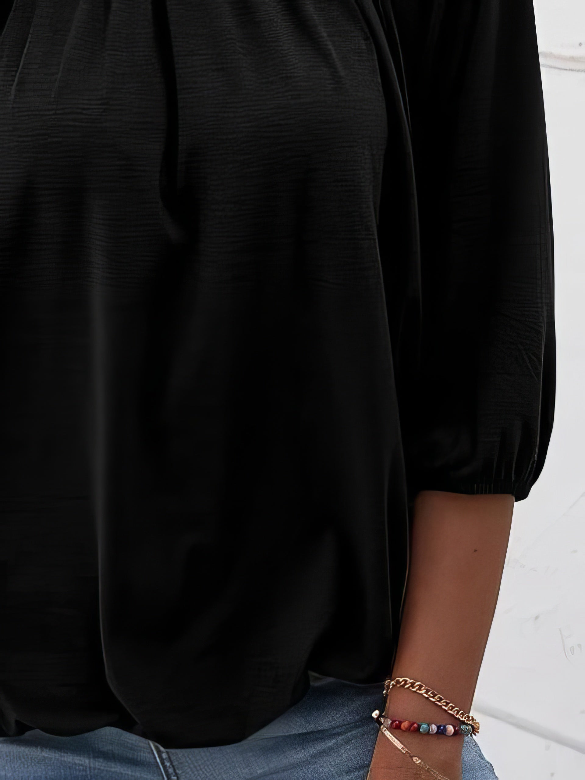 T-Shirts - Loose 3/4 Sleeve Pleated Crew Neck T-Shirt - MsDressly