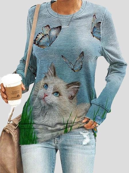 Loose Animal Cat Print Long Sleeve T-Shirts - T-Shirts - INS | Online Fashion Free Shipping Clothing, Dresses, Tops, Shoes - 15/07/2021 - 20-30 - Category_T-Shirts