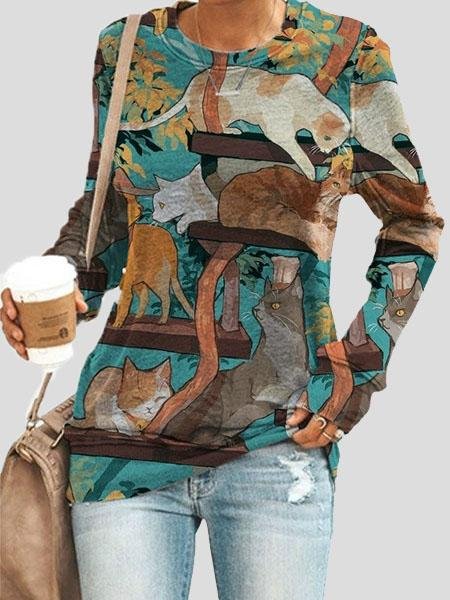 Loose Animal Cat Print Long Sleeve T-Shirts - T-Shirts - INS | Online Fashion Free Shipping Clothing, Dresses, Tops, Shoes - 15/07/2021 - 20-30 - Category_T-Shirts