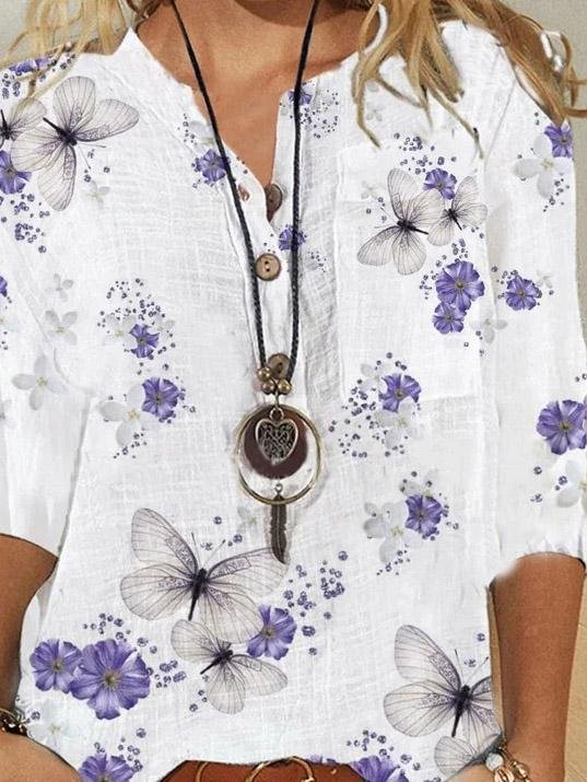 Loose Butterfly Print Button Five-Quarter Sleeves Blouses - Blouses - INS | Online Fashion Free Shipping Clothing, Dresses, Tops, Shoes - 20-30 - 30/07/2021 - BLO2107301288