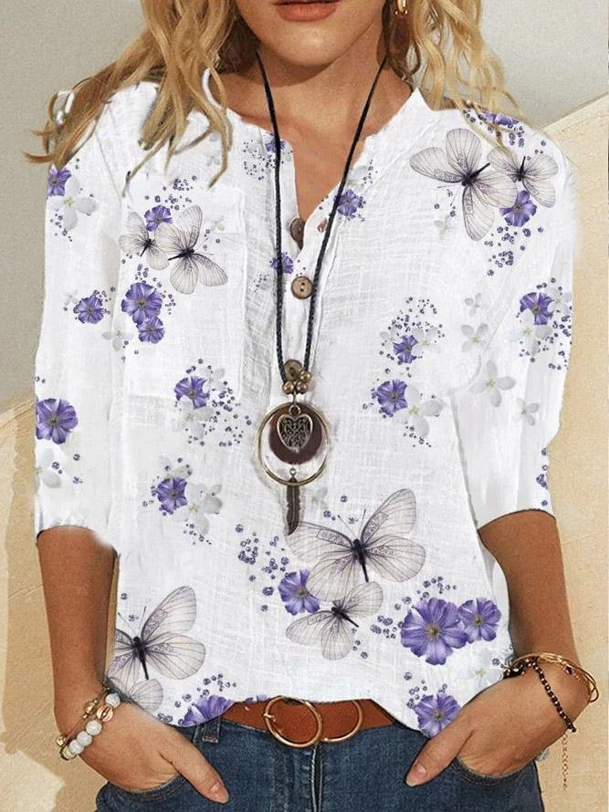 Loose Butterfly Print Button Five-Quarter Sleeves Blouses - Blouses - INS | Online Fashion Free Shipping Clothing, Dresses, Tops, Shoes - 20-30 - 30/07/2021 - BLO2107301288