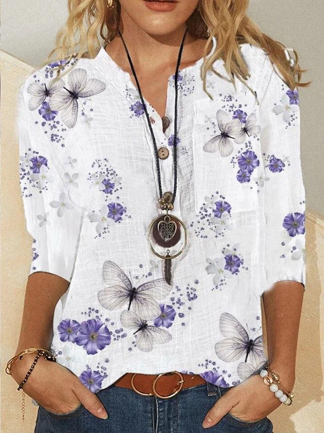 Loose Butterfly Print Button Five-Quarter Sleeves Blouses - Blouses - INS | Online Fashion Free Shipping Clothing, Dresses, Tops, Shoes - 20-30 - 30/07/2021 - BLO2107301288