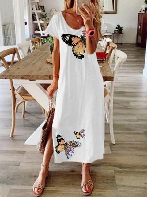 Loose Butterfly Print Short Sleeve Dress - Maxi Dresses - INS | Online Fashion Free Shipping Clothing, Dresses, Tops, Shoes - 07/06/2021 - Category_Maxi Dresses - Color_White
