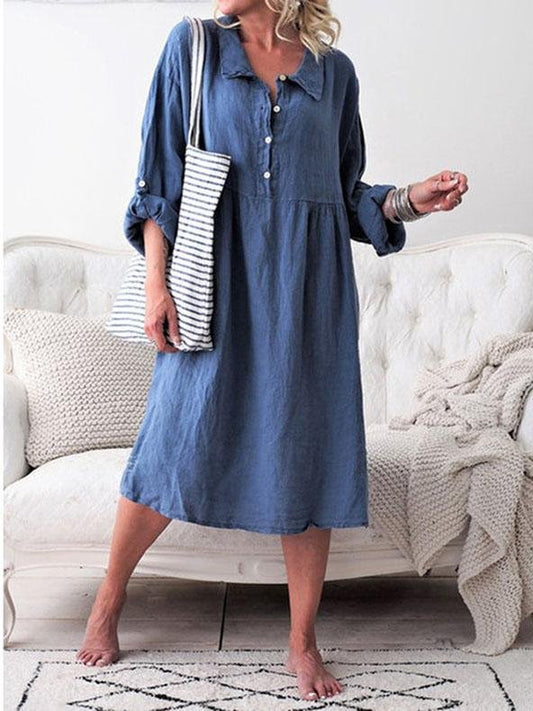 Loose Button Long-sleeved Mid-length Dress - Midi Dresses - INS | Online Fashion Free Shipping Clothing, Dresses, Tops, Shoes - 17/07/2021 - 20-30 - color-blue