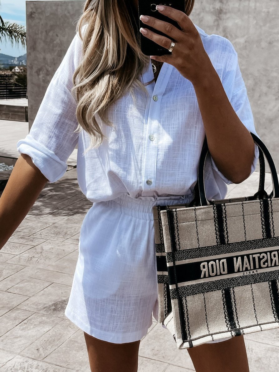 Loose Button Shirt & Shorts Two-Piece Set - Sets - INS | Online Fashion Free Shipping Clothing, Dresses, Tops, Shoes - 16/06/2021 - 30-40 - Bottom