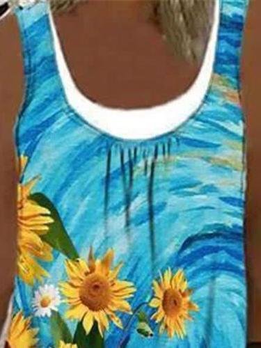 Loose Casual Sleeveless Sunflower Print Dress - Mini Dresses - INS | Online Fashion Free Shipping Clothing, Dresses, Tops, Shoes - 06/07/2021 - 20-30 - color-blue