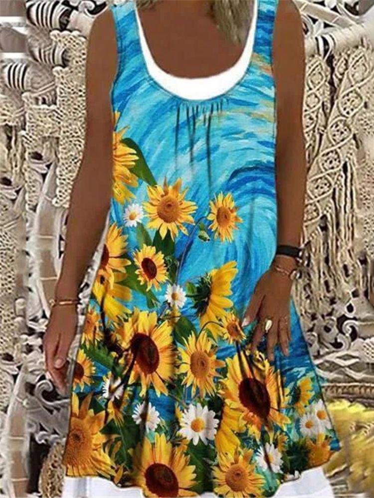 Loose Casual Sleeveless Sunflower Print Dress - Mini Dresses - INS | Online Fashion Free Shipping Clothing, Dresses, Tops, Shoes - 06/07/2021 - 20-30 - color-blue