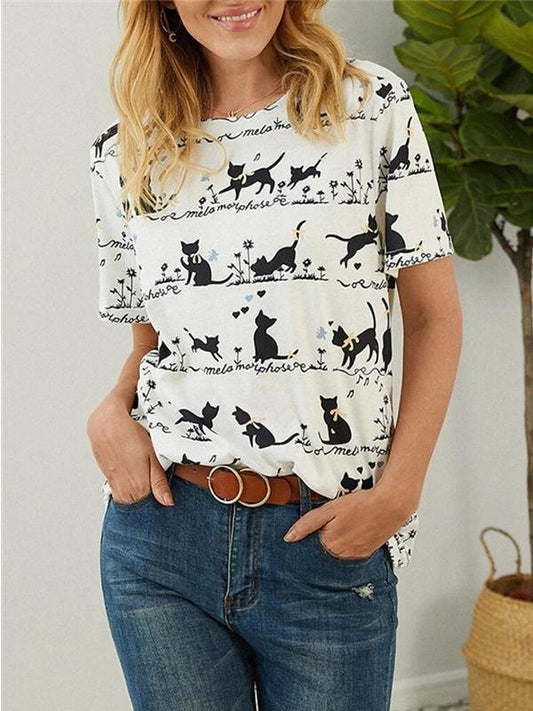 Loose Cat Print Short-sleeved T-shirt - T-shirts - INS | Online Fashion Free Shipping Clothing, Dresses, Tops, Shoes - 10-20 - 21/06/2021 - color-white