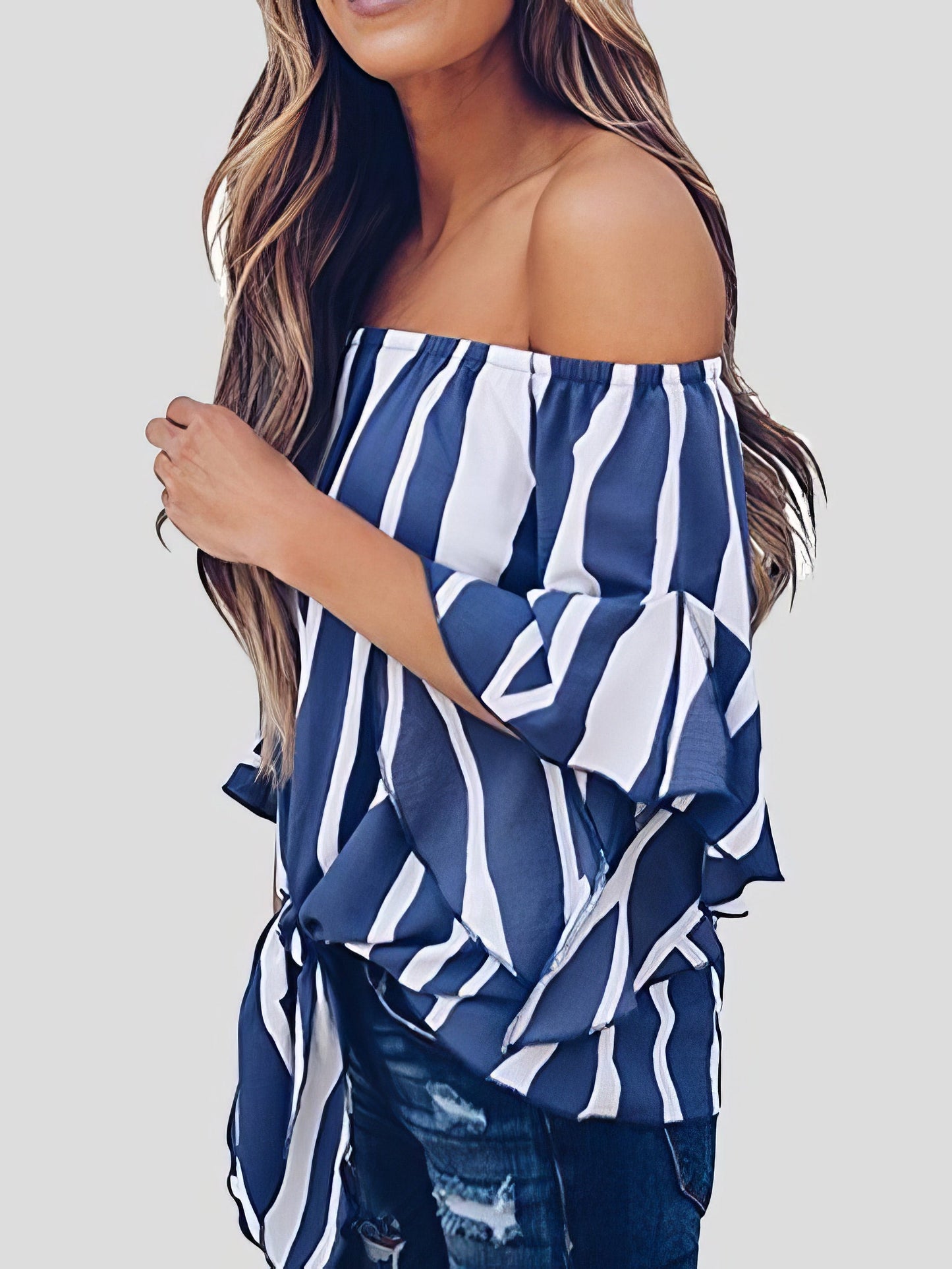 Blouses - Loose Chiffon Off Shoulder Striped Front Tie 3/4 Sleeve Blouses - MsDressly