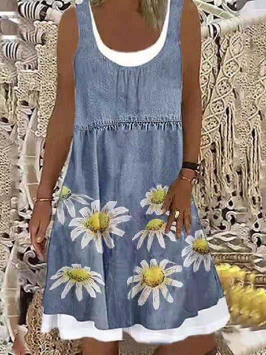 Loose Chrysanthemum Print Sleeveless Denim Dress - Mini Dresses - INS | Online Fashion Free Shipping Clothing, Dresses, Tops, Shoes - 09/07/2021 - 20-30 - Category_Mini Dresses