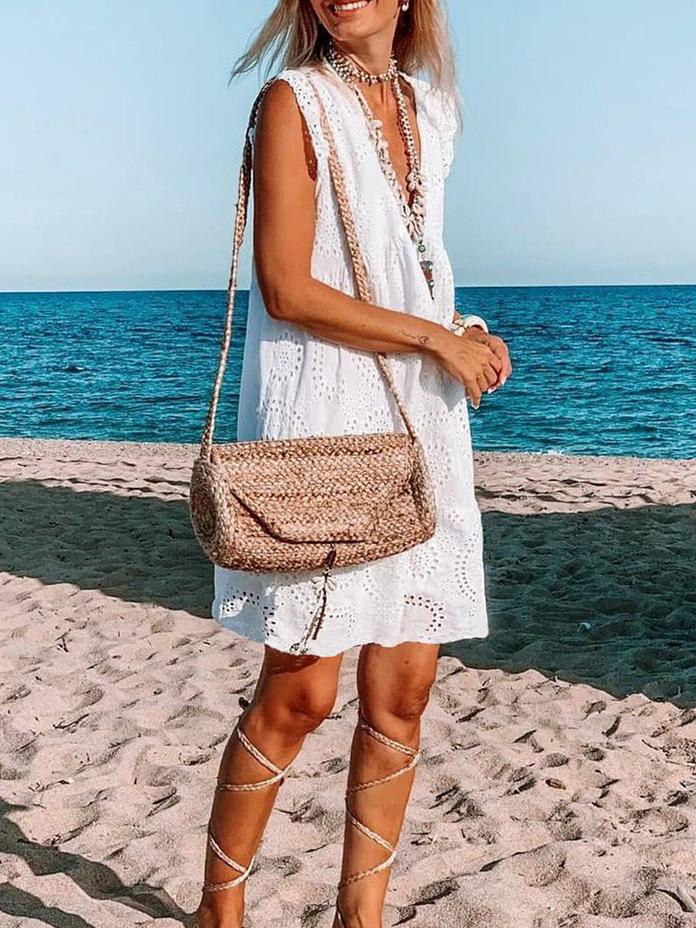 Loose Cotton Embroidered V-neck Dress - Mini Dresses - INS | Online Fashion Free Shipping Clothing, Dresses, Tops, Shoes - 11/06/2021 - Color_White - DRE2106110359