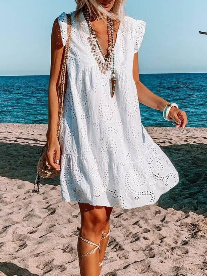 Loose Cotton Embroidered V-neck Dress - Mini Dresses - INS | Online Fashion Free Shipping Clothing, Dresses, Tops, Shoes - 11/06/2021 - Color_White - DRE2106110359