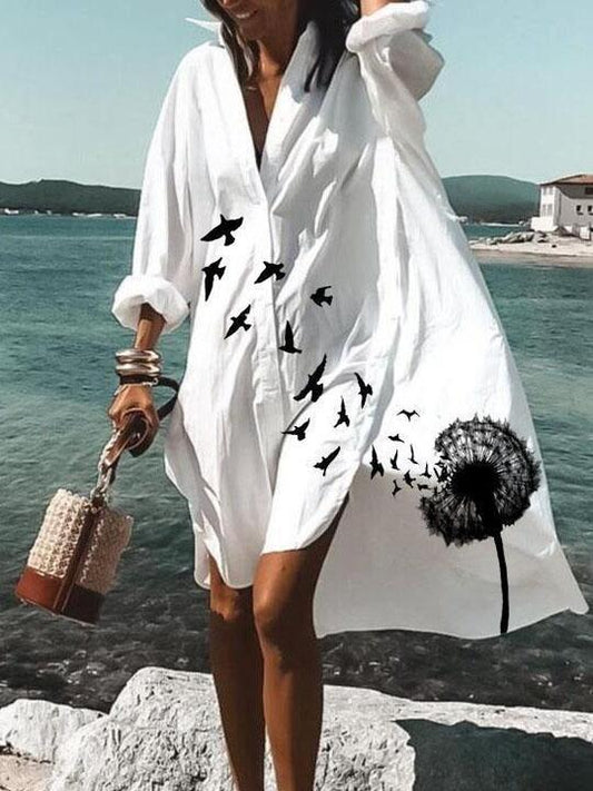 Loose Dandelion Print V-neck Shirt Dress - Mini Dresses - INS | Online Fashion Free Shipping Clothing, Dresses, Tops, Shoes - 14/07/2021 - 30-40 - color-black