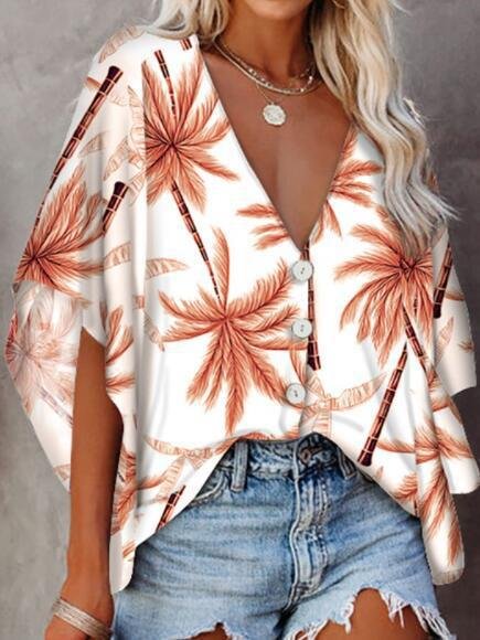 Loose Deep V-neck Mid-sleeved Shirt - Blouses - INS | Online Fashion Free Shipping Clothing, Dresses, Tops, Shoes - 11/06/2021 - BLO2106110099 - Blouses