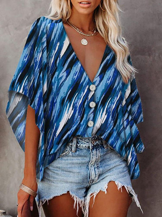 Loose Deep V-neck Mid-sleeved Shirt - Blouses - INS | Online Fashion Free Shipping Clothing, Dresses, Tops, Shoes - 11/06/2021 - BLO2106110099 - Blouses