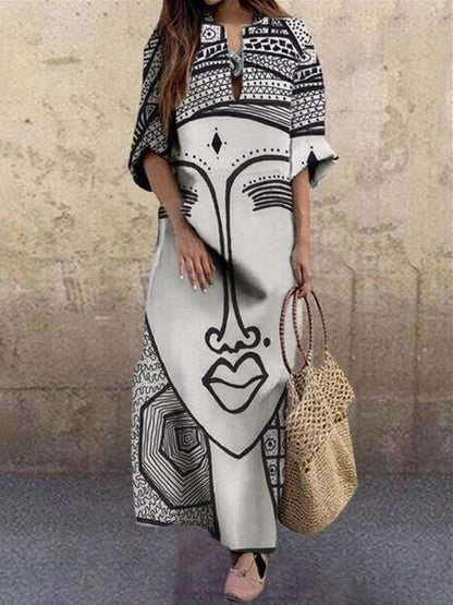 Loose Face Print V-neck Dress - Maxi Dresses - INS | Online Fashion Free Shipping Clothing, Dresses, Tops, Shoes - 15/06/2021 - Color_Coffee - Color_White