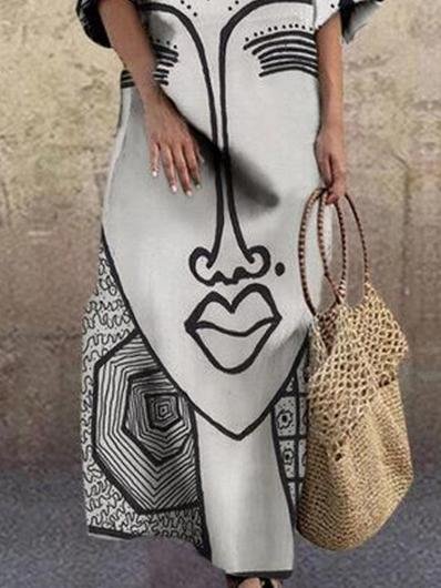 Loose Face Print V-neck Dress - Maxi Dresses - INS | Online Fashion Free Shipping Clothing, Dresses, Tops, Shoes - 15/06/2021 - Color_Coffee - Color_White