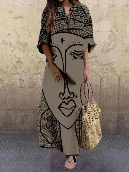 Loose Face Print V-neck Dress - Maxi Dresses - INS | Online Fashion Free Shipping Clothing, Dresses, Tops, Shoes - 15/06/2021 - Color_Coffee - Color_White