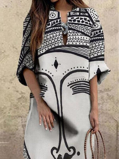 Loose Face Print V-neck Dress - Maxi Dresses - INS | Online Fashion Free Shipping Clothing, Dresses, Tops, Shoes - 15/06/2021 - Color_Coffee - Color_White