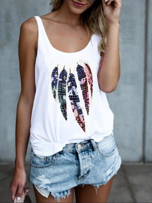 Loose Feather Print Women's Sleeveless Vest - Tank Tops - INS | Online Fashion Free Shipping Clothing, Dresses, Tops, Shoes - 19/05/2021 - Color_Black - Color_White