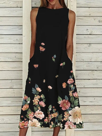 Loose Floral Print Pocket Dress - Midi Dresses - INS | Online Fashion Free Shipping Clothing, Dresses, Tops, Shoes - 20-30 - 22/06/2021 - color-black