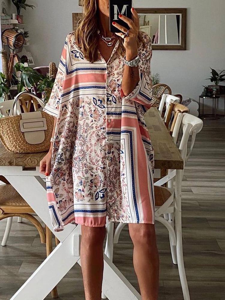 Loose Geometric Pattern Three-quarter Sleeve Dress - Midi Dresses - INS | Online Fashion Free Shipping Clothing, Dresses, Tops, Shoes - 08/06/2021 - Category_Midi Dresses - Color_Beige