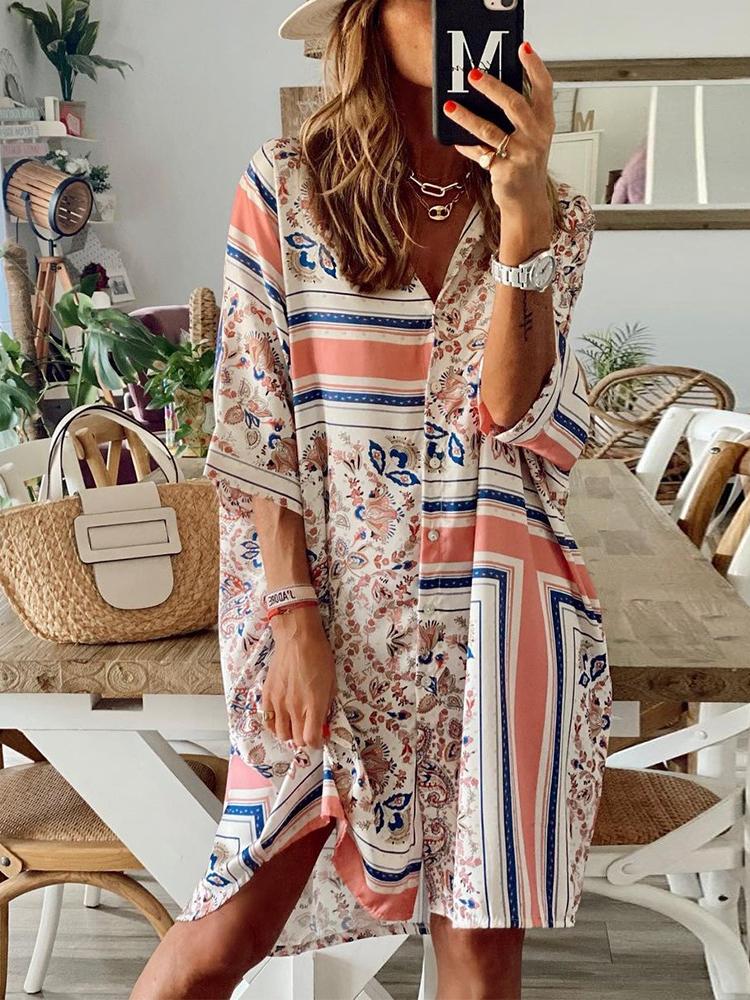 Loose Geometric Pattern Three-quarter Sleeve Dress - Midi Dresses - INS | Online Fashion Free Shipping Clothing, Dresses, Tops, Shoes - 08/06/2021 - Category_Midi Dresses - Color_Beige