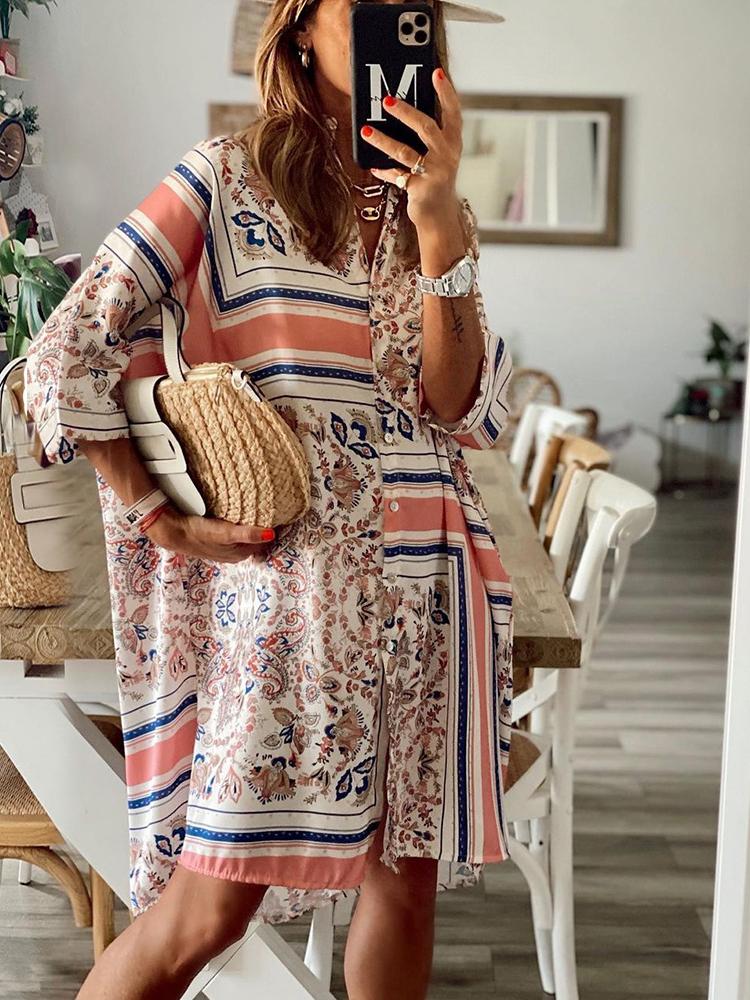 Loose Geometric Pattern Three-quarter Sleeve Dress - Midi Dresses - INS | Online Fashion Free Shipping Clothing, Dresses, Tops, Shoes - 08/06/2021 - Category_Midi Dresses - Color_Beige