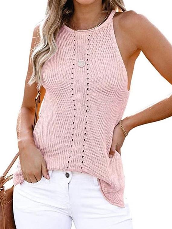 Loose Knit Halterneck Sleeveless Vest - Tank Tops - INS | Online Fashion Free Shipping Clothing, Dresses, Tops, Shoes - 10/06/2021 - Color_Apricot - Color_Pink